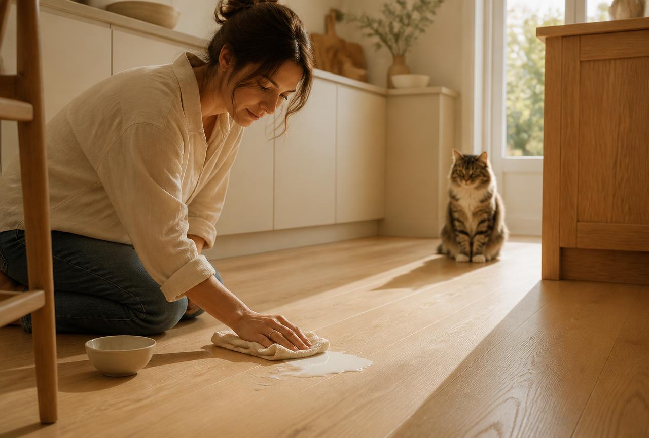 A person wiping a small milk spill from an oak kitchen floor while a tabby cat watches from a doorway