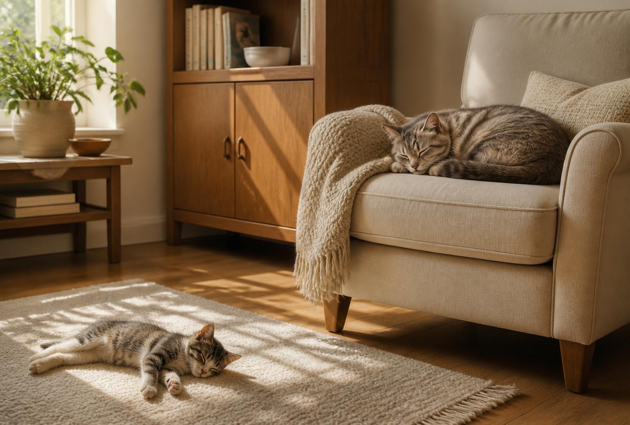 A kitten sprawled asleep on a rug and an elderly cat curled asleep on an armchair in the same sunny room