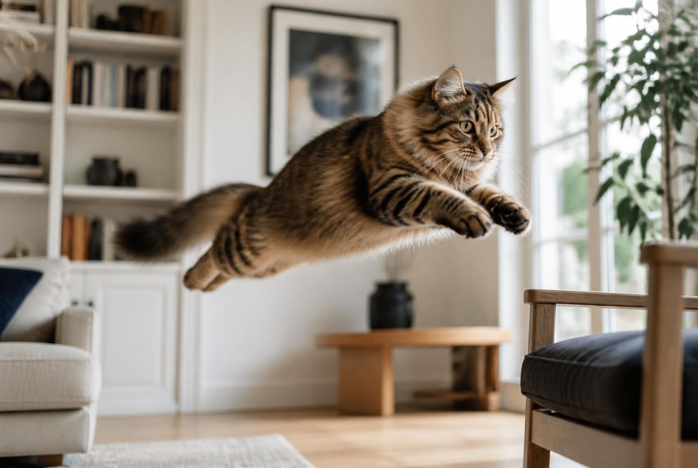 Siberian cat leaping between furniture in a bright living room