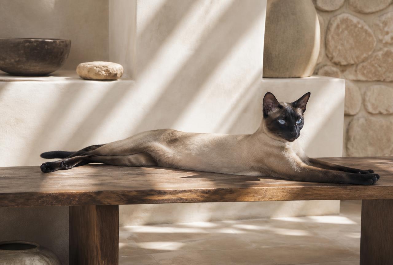 A sleek seal point Siamese cat stretched out in a long line along a sunlit wooden bench