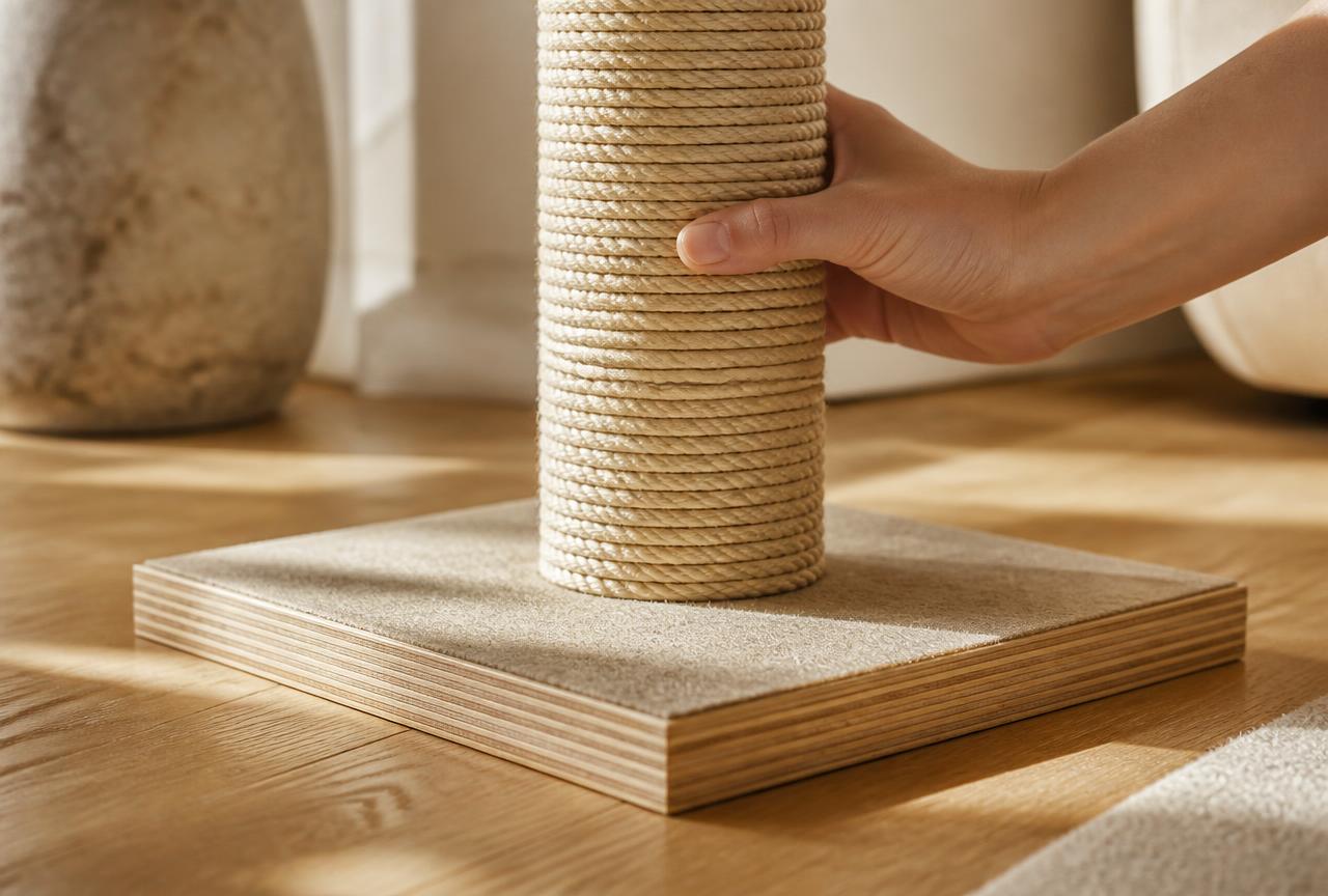 Close-up of a wide plywood scratching post base on an oak floor with a hand pressing the post to test for wobble