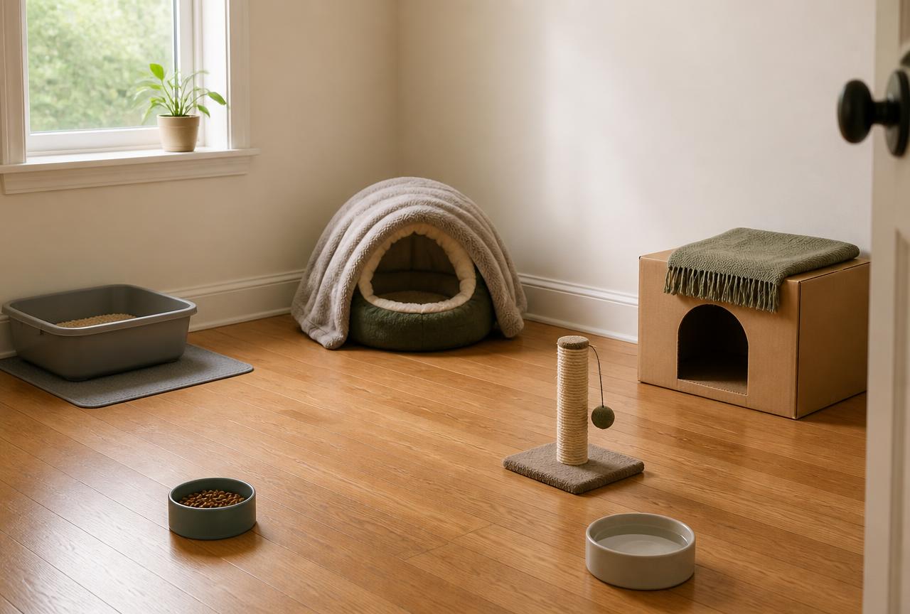 A quiet spare room with a litter tray, food and water bowls, a covered cat bed, a cardboard box hideaway and a small scratching post