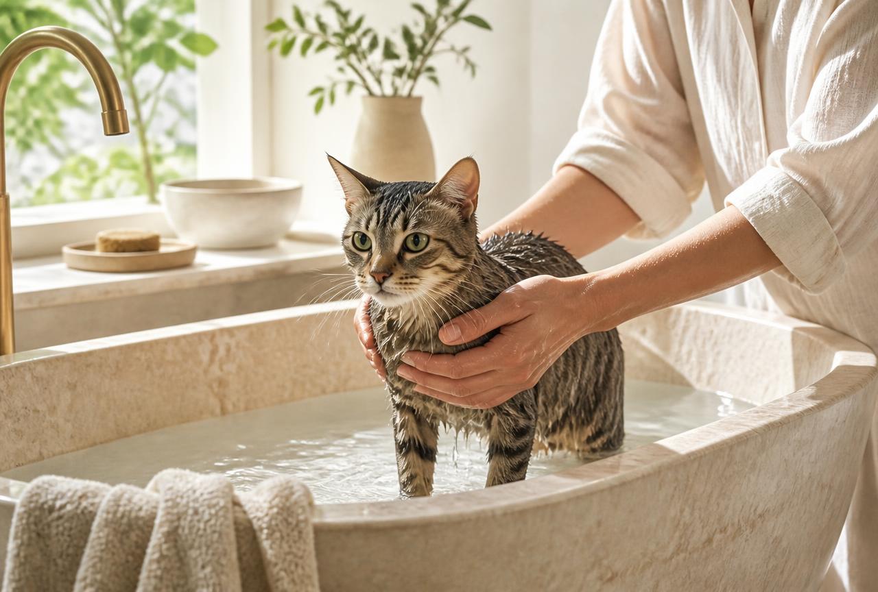 A damp tabby cat standing in a shallow stone bath being gently supported by calm hands