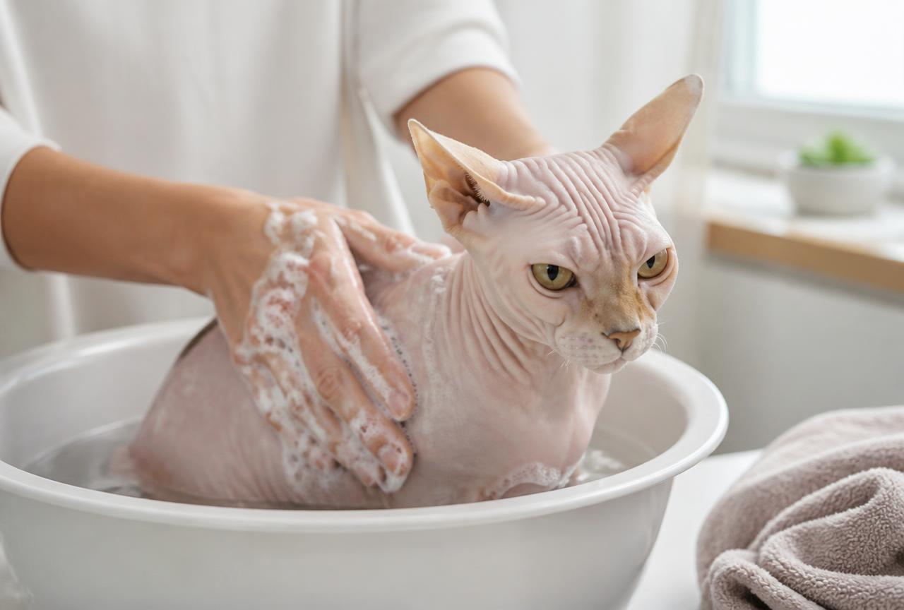 A person bathing a calm Sphynx cat in a shallow basin of warm soapy water