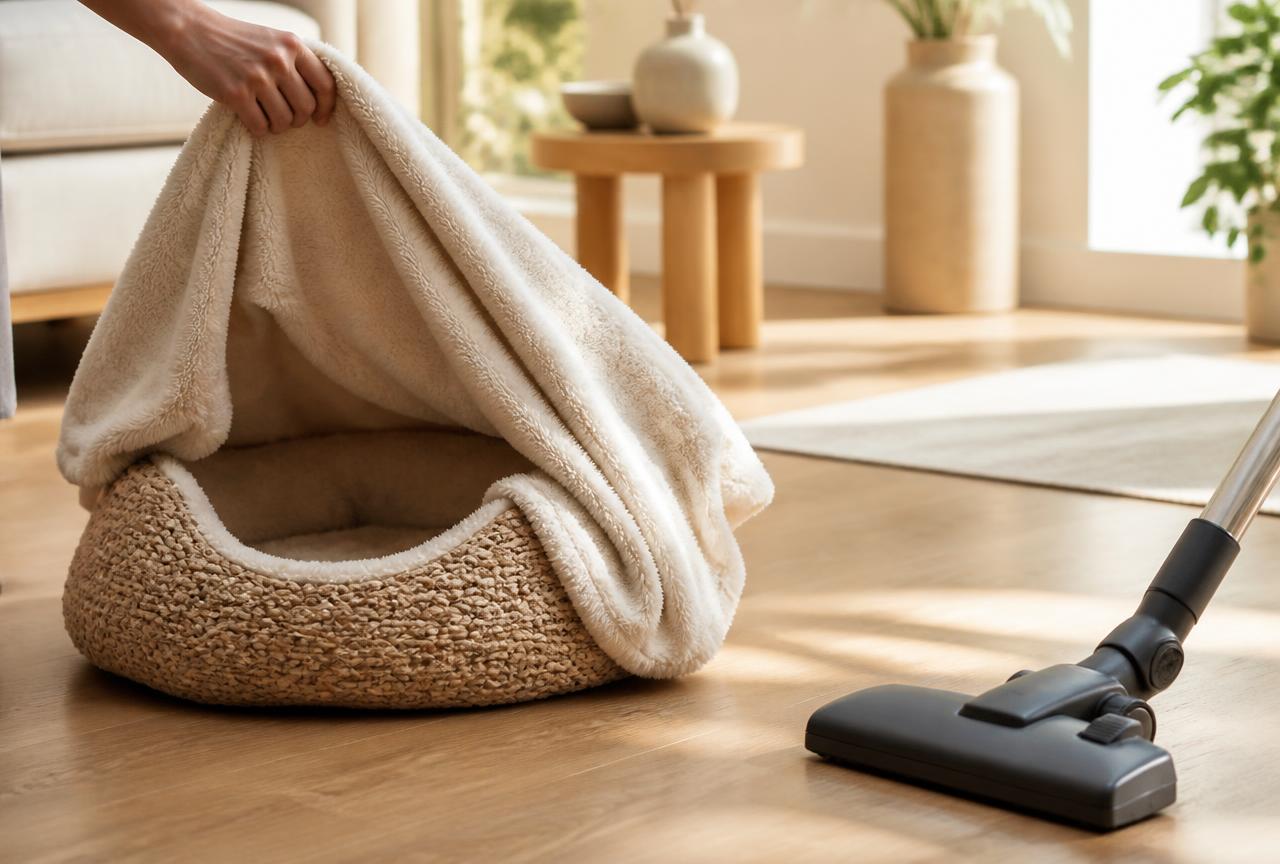 A cat bed with its blanket being lifted off a wooden floor beside a vacuum cleaner nozzle