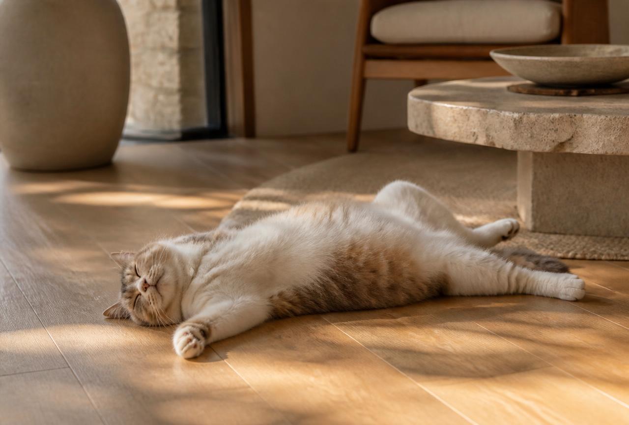 A cream and tabby cat sleeping stretched out belly-up on a sunlit wooden floor