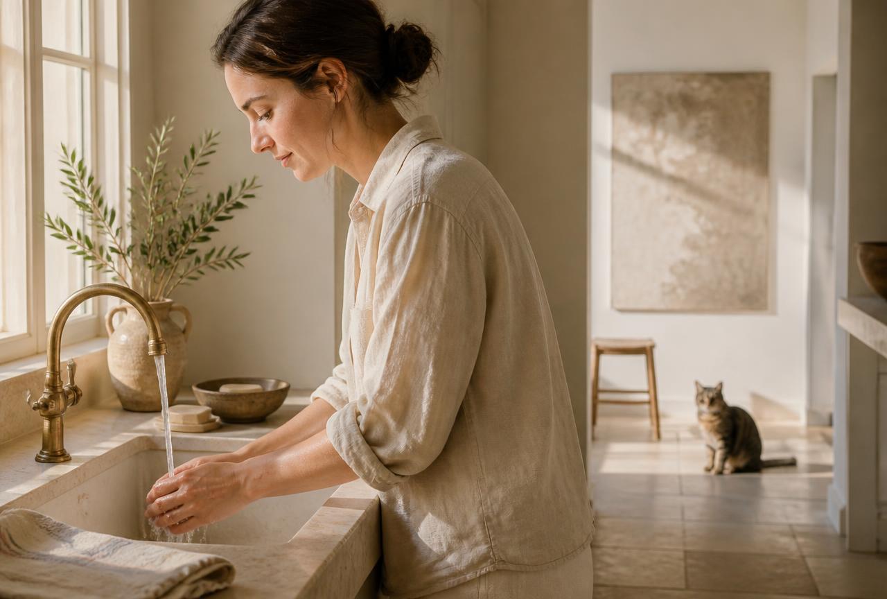 A person washing their hands at a kitchen sink while a cat watches from the floor