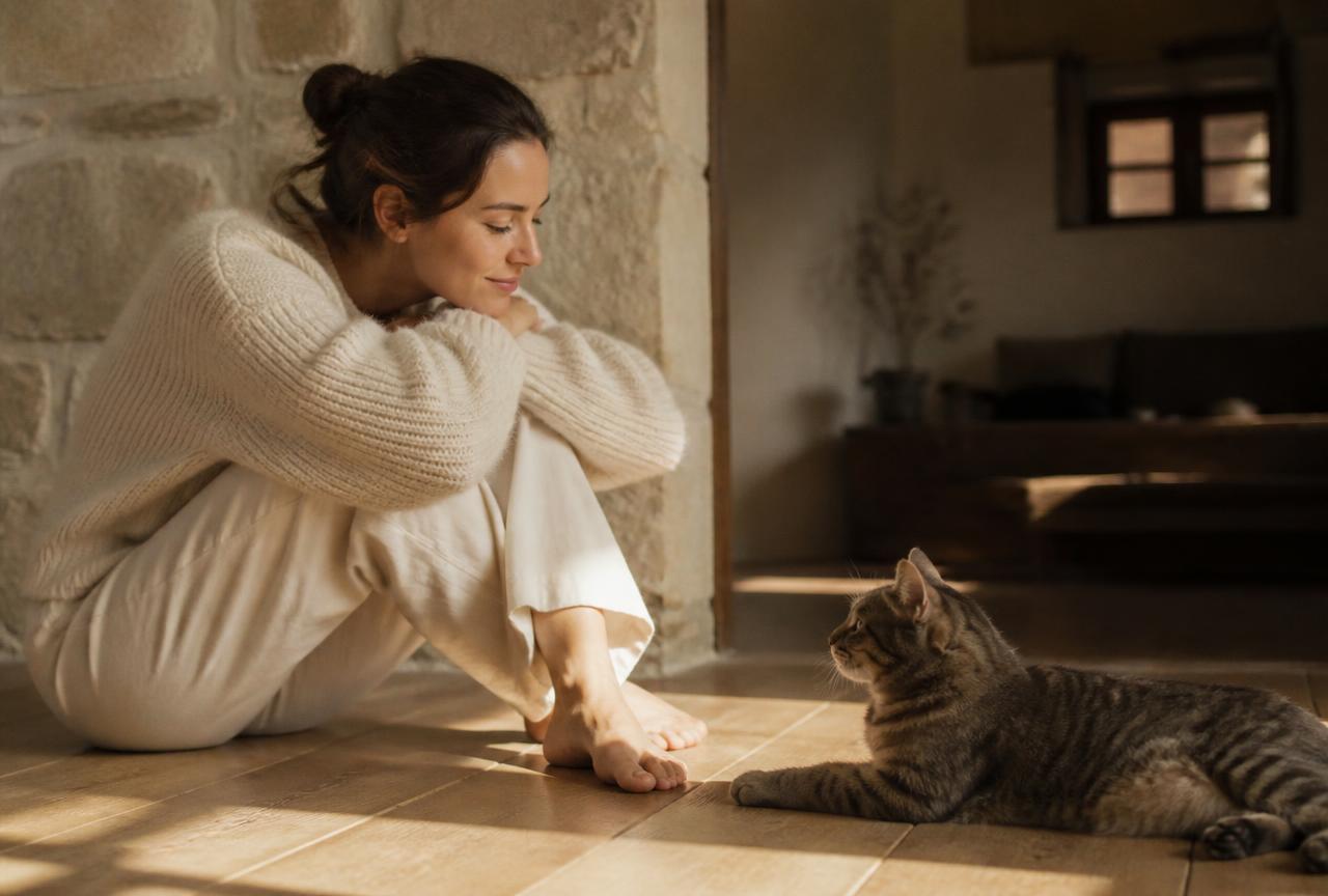 A person slow-blinking at a relaxed cat lying on a tiled floor