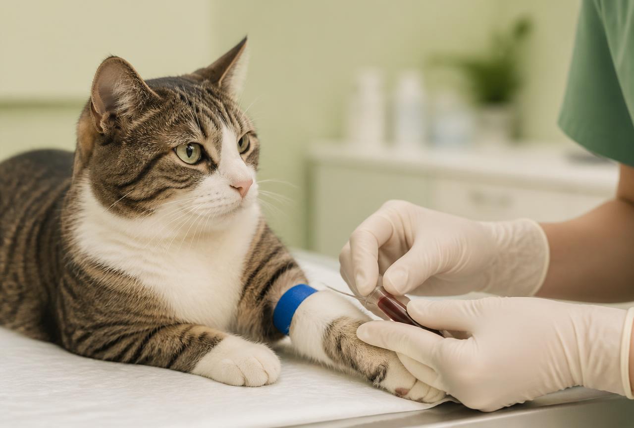 A calm tabby and white cat on a veterinary table having a blood sample taken from a front leg