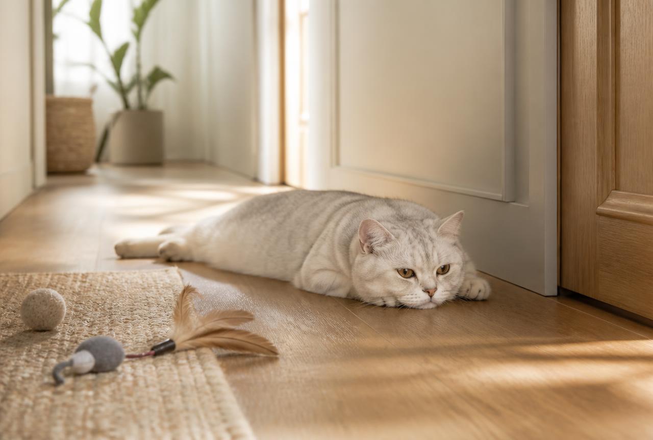 A cat lying flat along a hallway floor staring at nothing, feather toy and ball untouched nearby