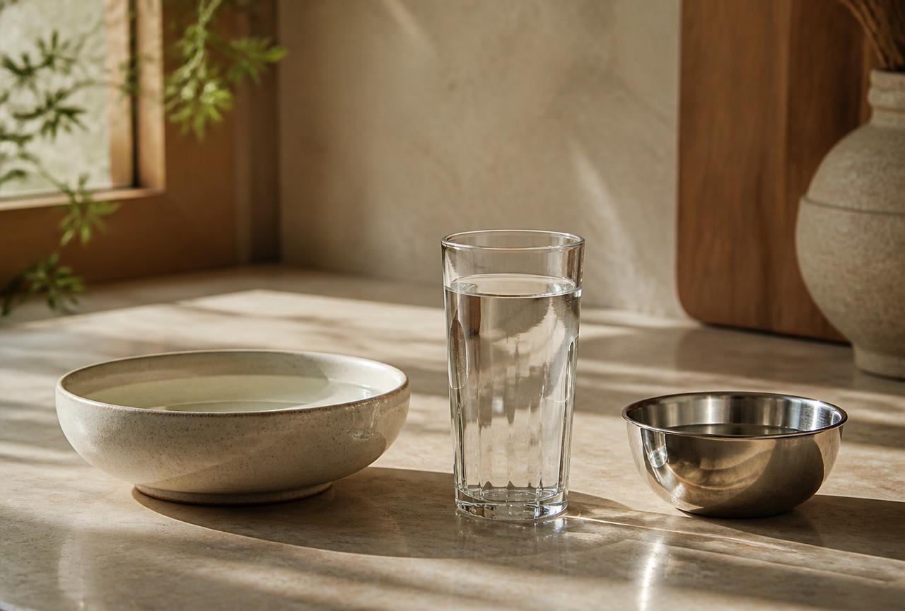 A wide shallow ceramic bowl, a tall narrow glass and a small stainless steel bowl side by side on a stone worktop