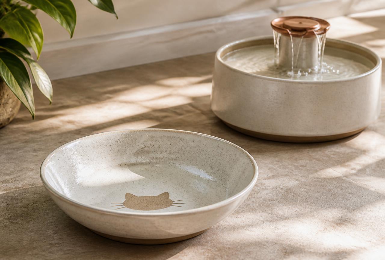 A wide shallow glazed ceramic cat bowl on a stone floor with a ceramic water fountain running behind it