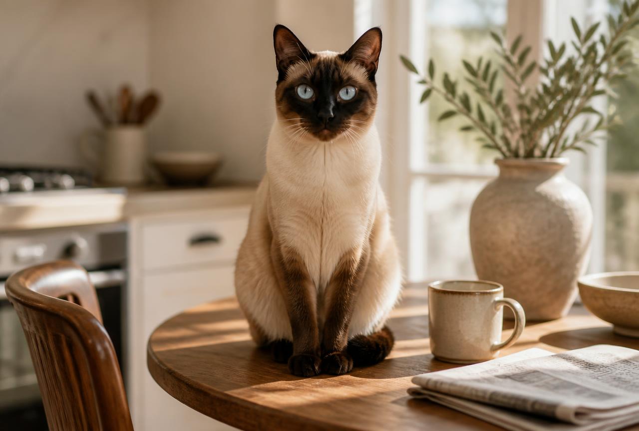 A Siamese cat sitting on an oak breakfast table beside a ceramic mug, staring expectantly