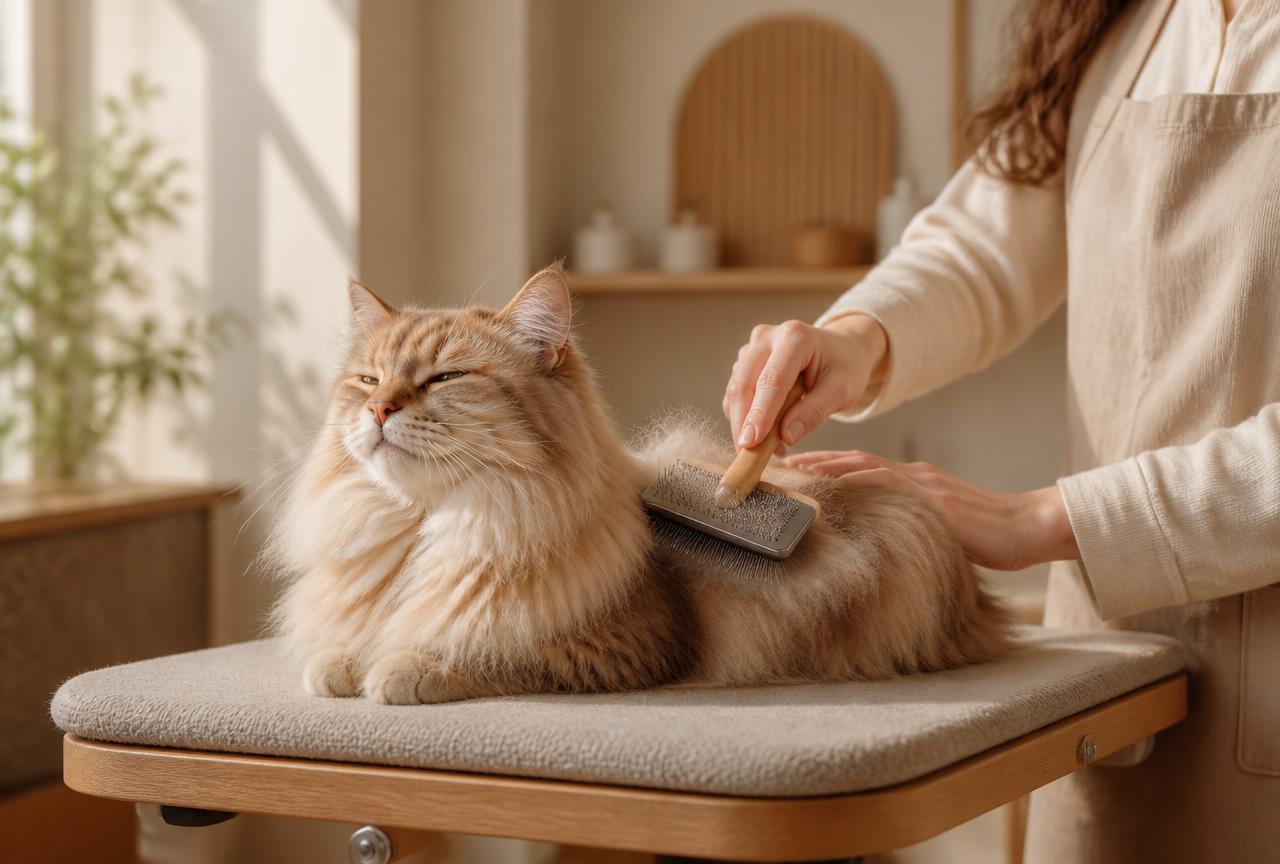 A longhaired cat being brushed on a grooming table, eyes half closed and relaxed, loose fur on the brush