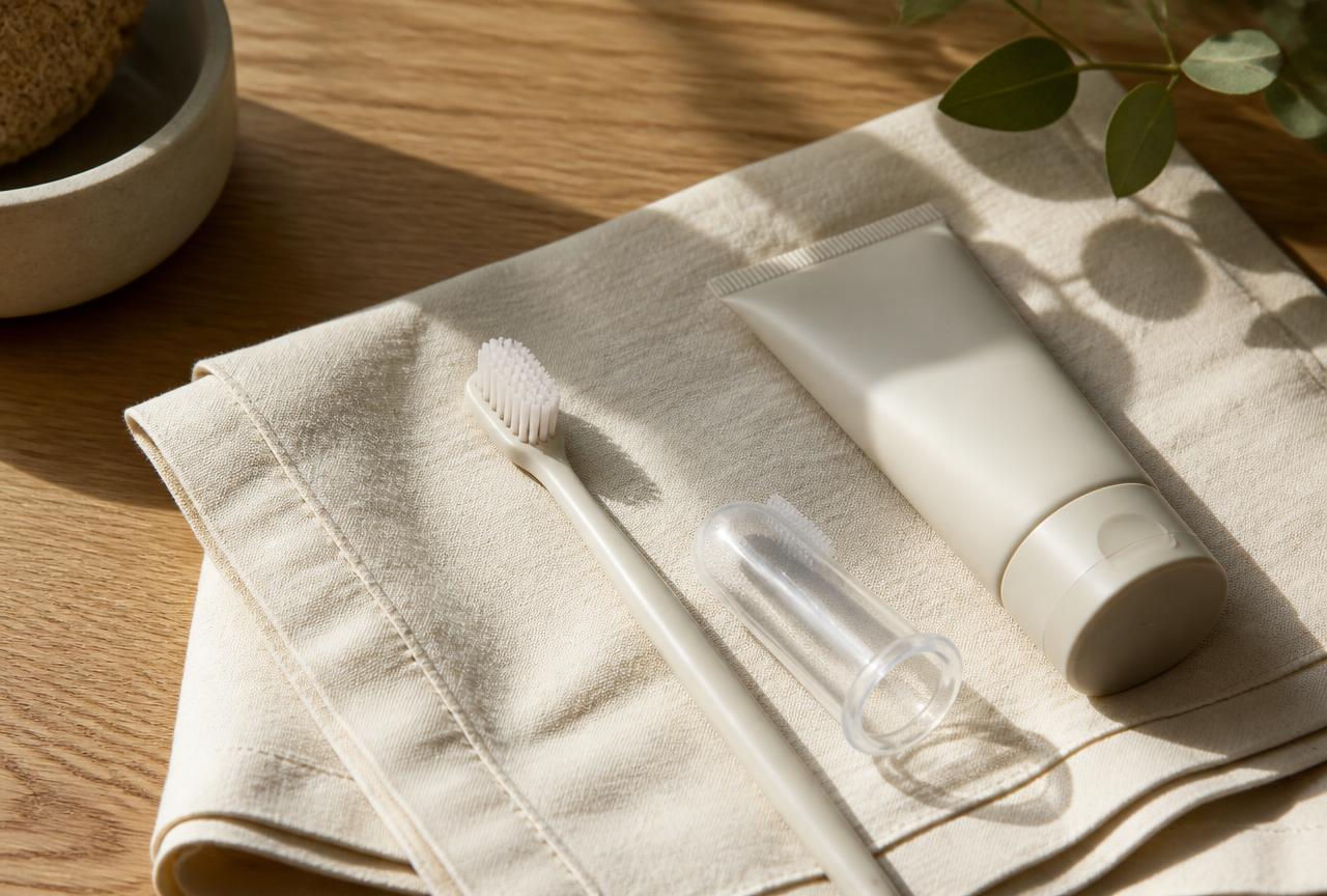 A small soft-bristled pet toothbrush, a clear finger brush and a plain white tube on folded cream linen