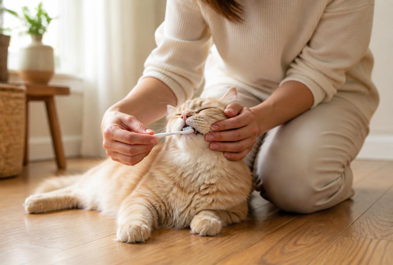A person kneeling on an oak floor brushing the side teeth of a relaxed ginger cat with a small pet toothbrush