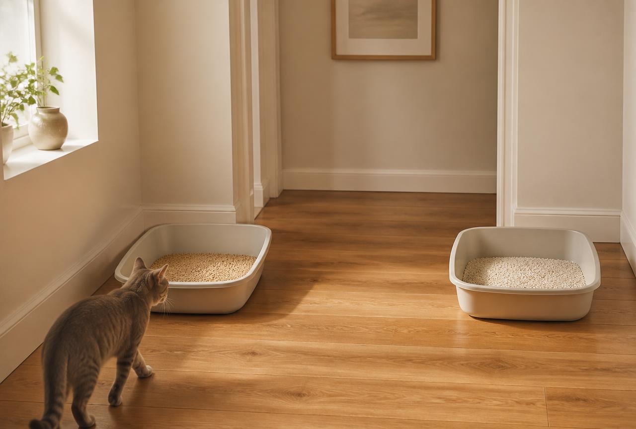 Two large open litter trays with different litters placed apart in a sunlit hallway with a grey cat approaching one