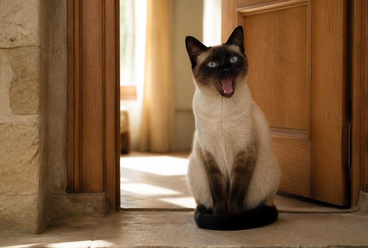 A seal point Siamese cat sitting upright in a sunlit doorway with its mouth open mid-call