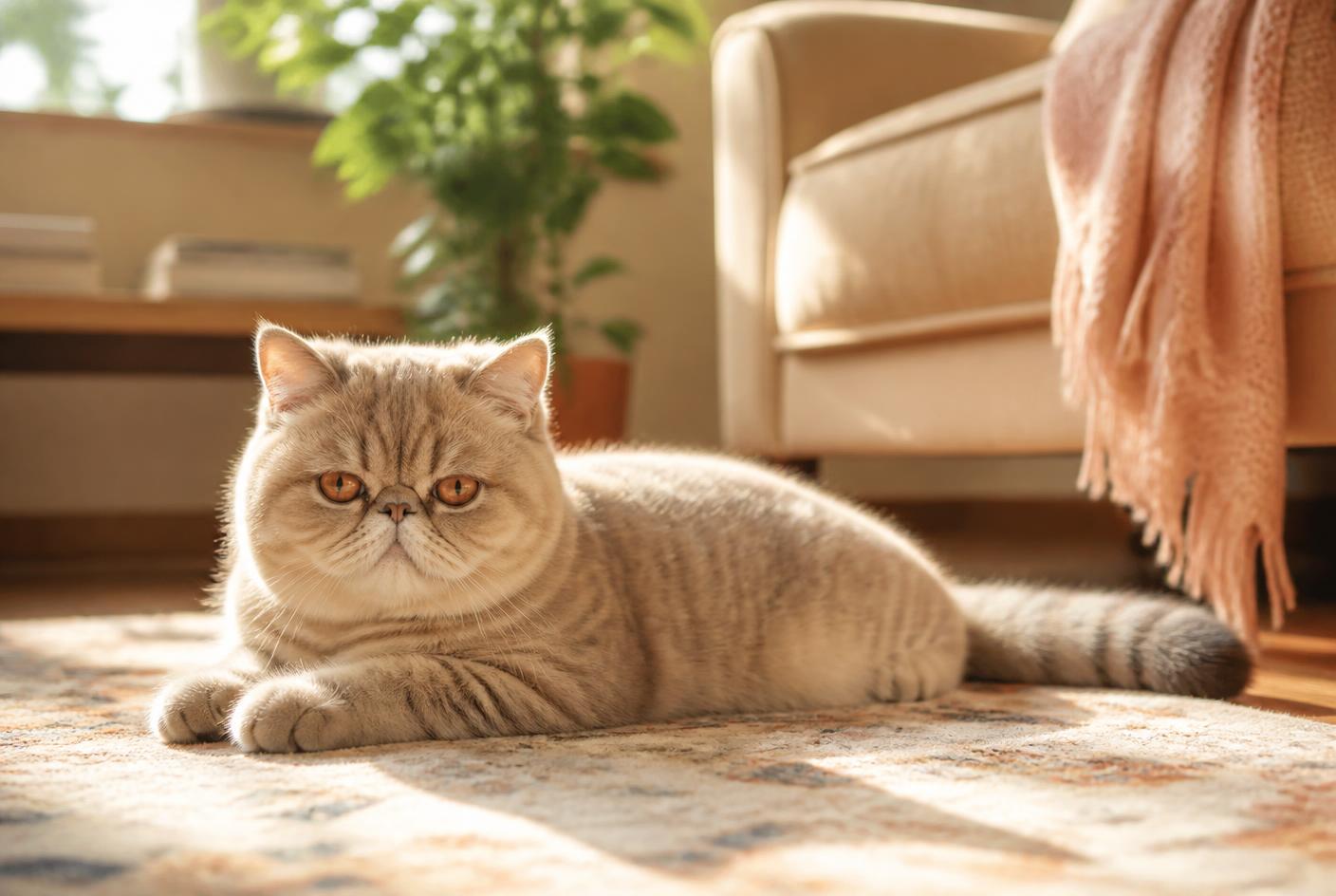 Plush Exotic Shorthair cat lying relaxed on a rug in a sunlit room
