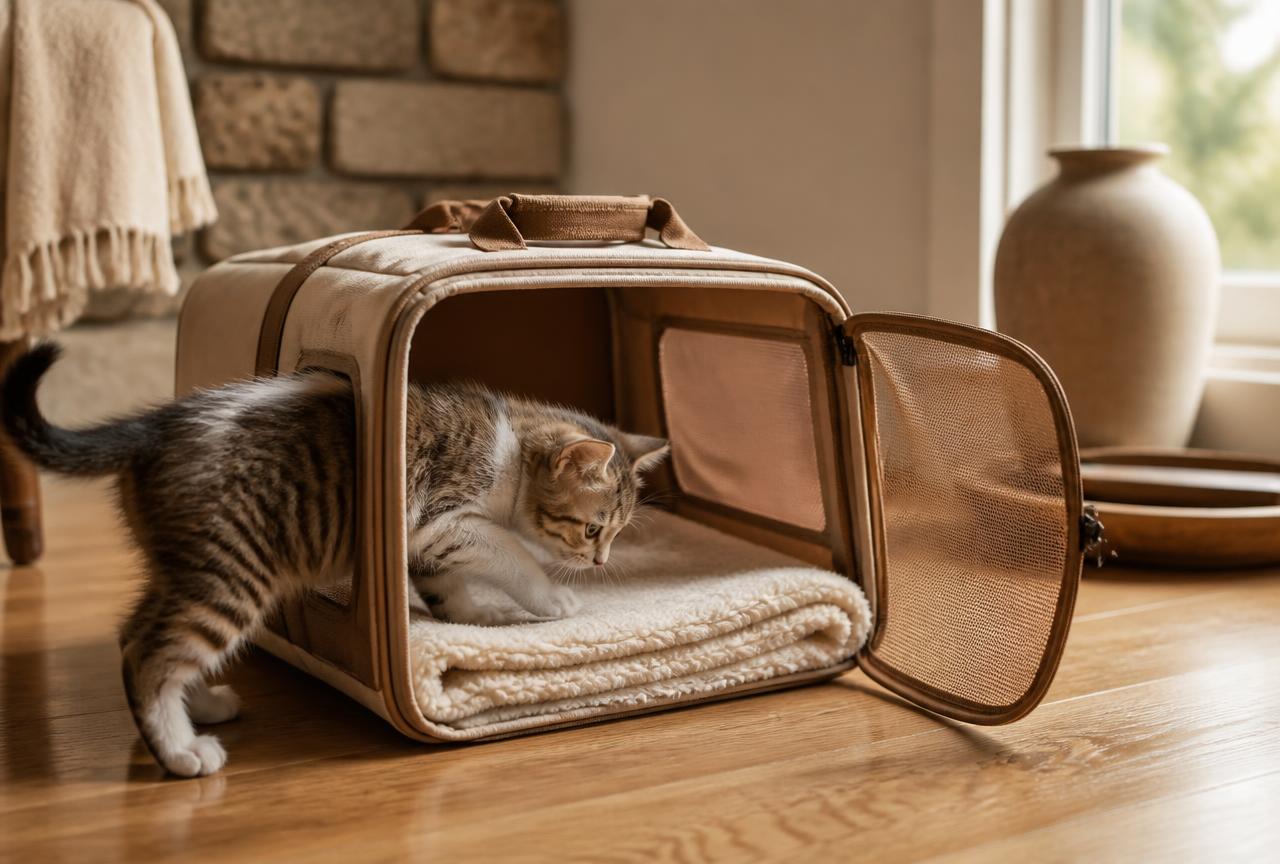 An open soft-sided pet carrier on an oak floor with a cream fleece blanket inside and a kitten stepping in to investigate