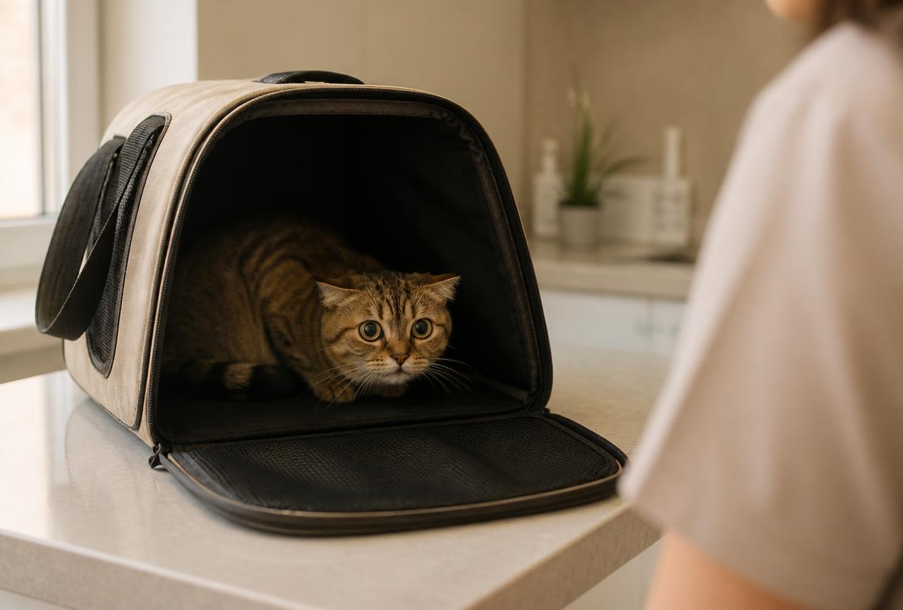 A tense tabby cat crouched at the back of an open fabric carrier on a clinic table