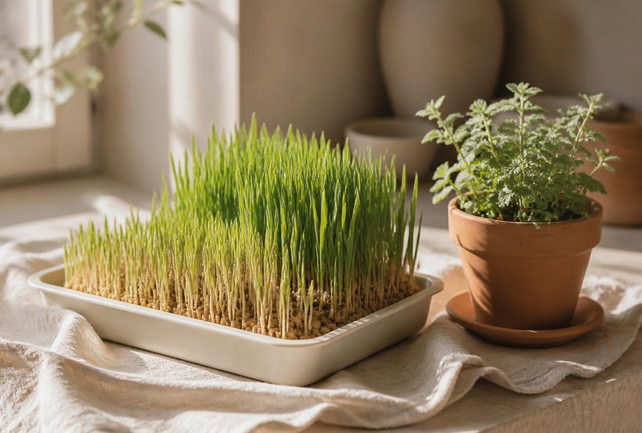 A tray of sprouted cat grass beside a potted catnip plant on linen