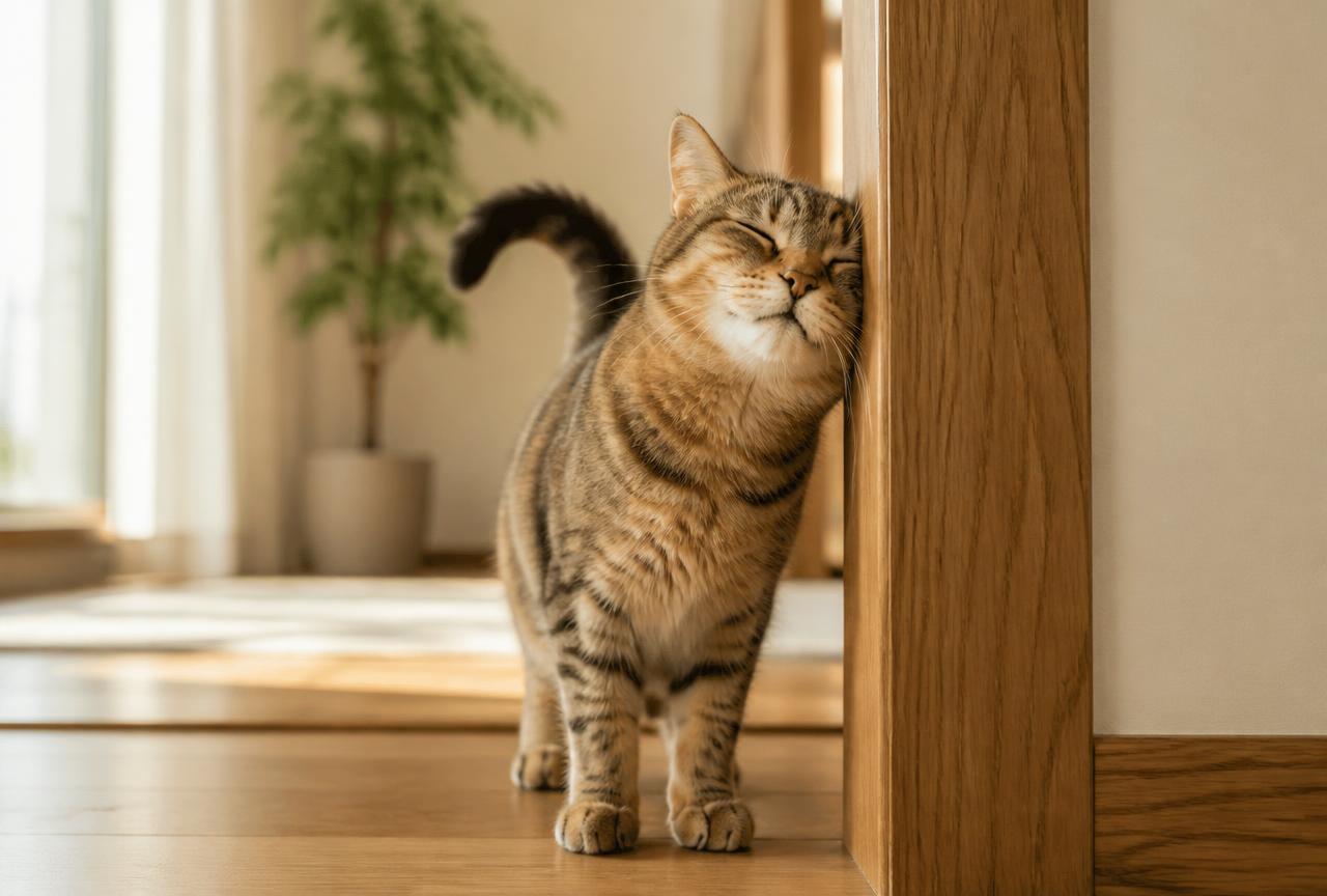A tabby cat rubbing its cheek against the corner of a wooden door frame