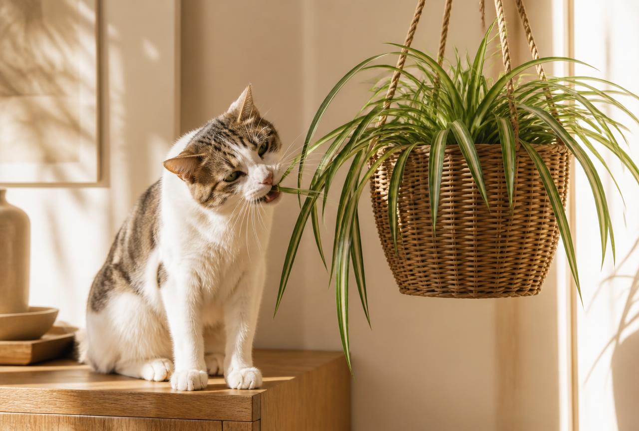 A cat chewing the leaf of a spider plant hanging in a woven basket