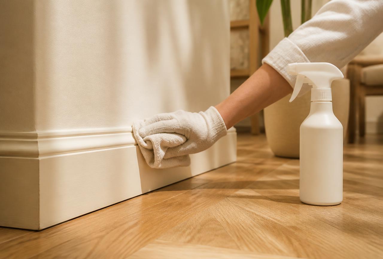 A gloved hand cleaning a pale skirting board with a plain spray bottle nearby