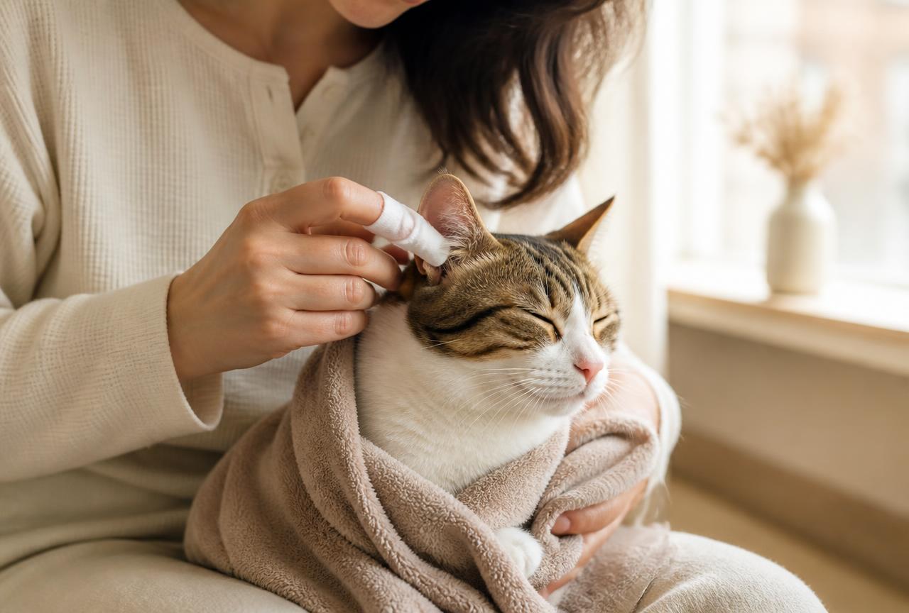 A person cleaning a towel-wrapped cat's ear with a cotton pad