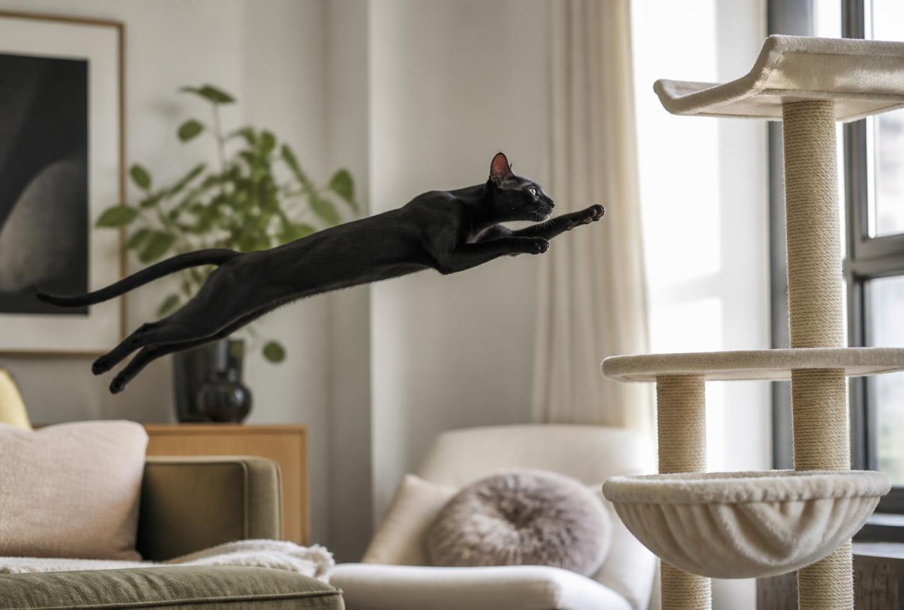 Slender black Oriental Shorthair cat leaping toward a tall cat tree in a living room