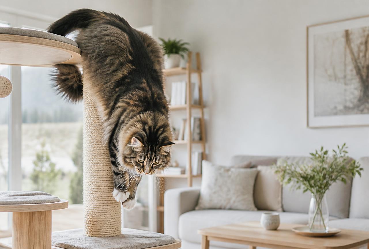 A large Norwegian Forest cat climbing down a cat tree head-first in a bright living room