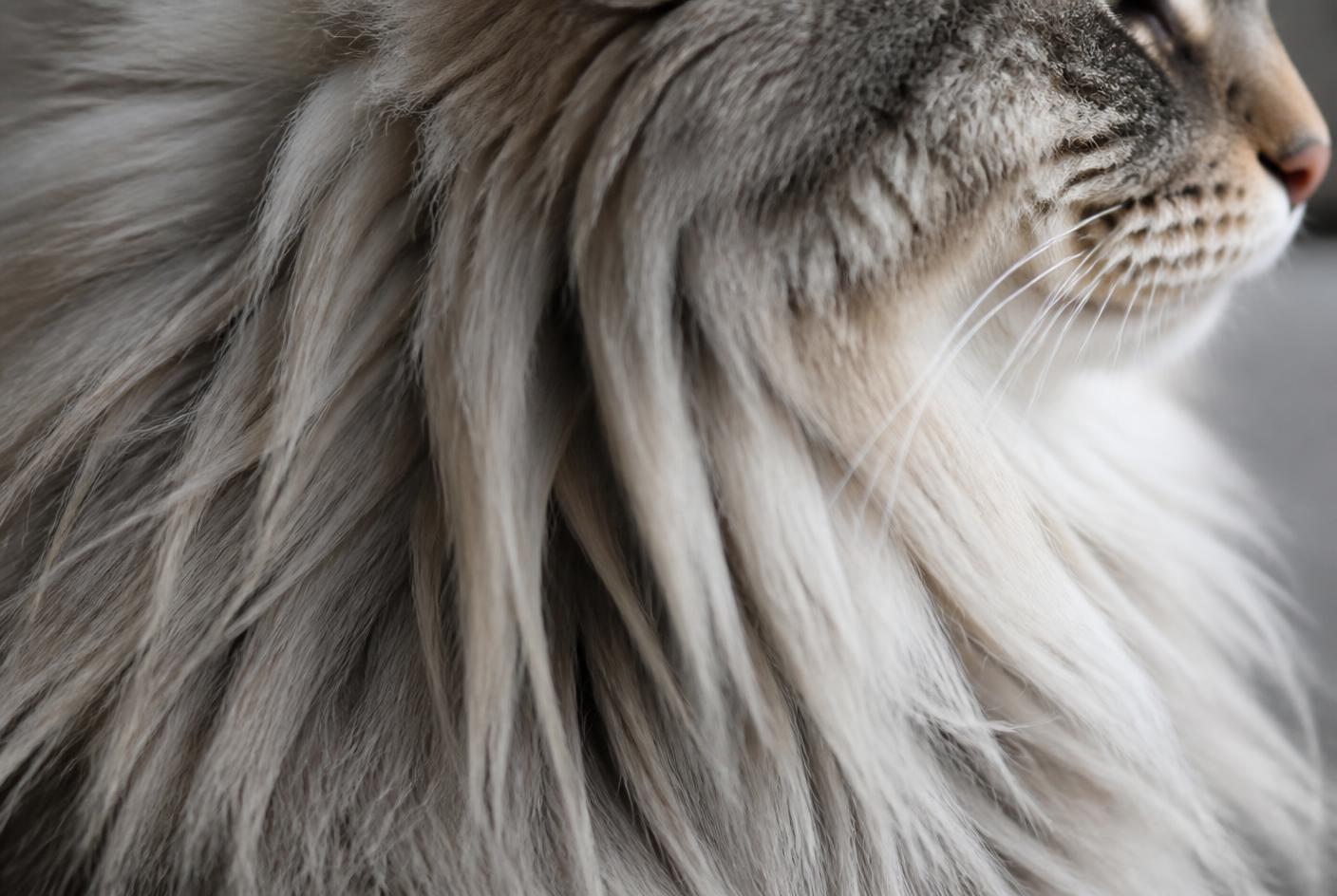 Close-up of the dense triple coat and ruff of a Siberian cat