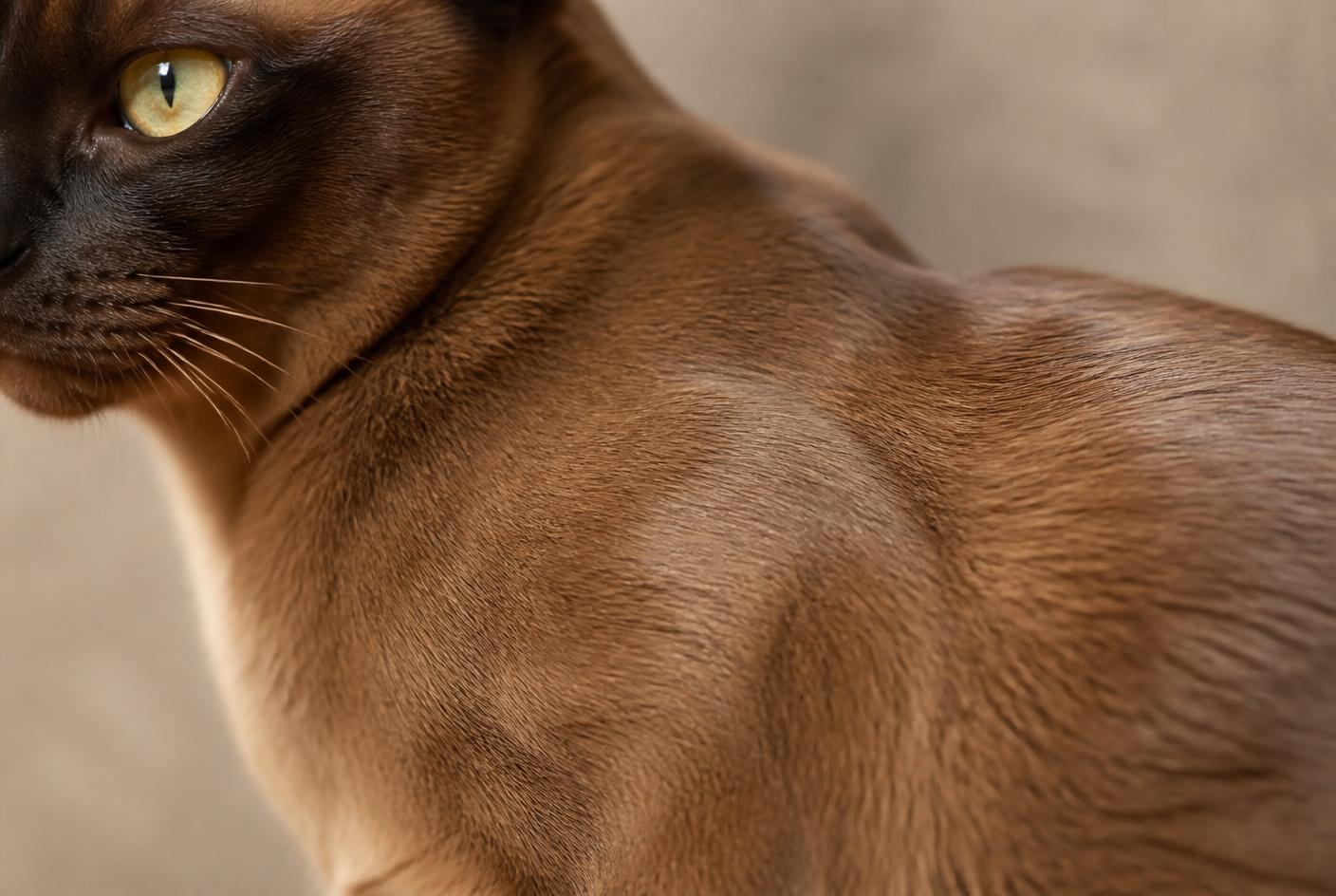 Close-up of the glossy sable coat and muscular shoulder of a Burmese cat