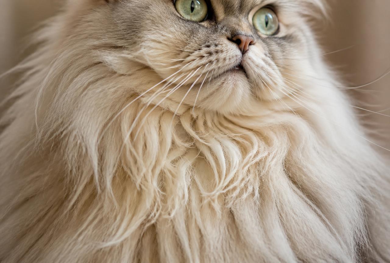 Close-up of a Persian cat''s long flowing silver-cream coat and full ruff in window light
