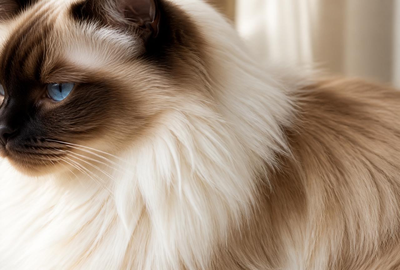 Close-up of a seal point Ragdoll cat''s silky cream coat and pale ruff in window light