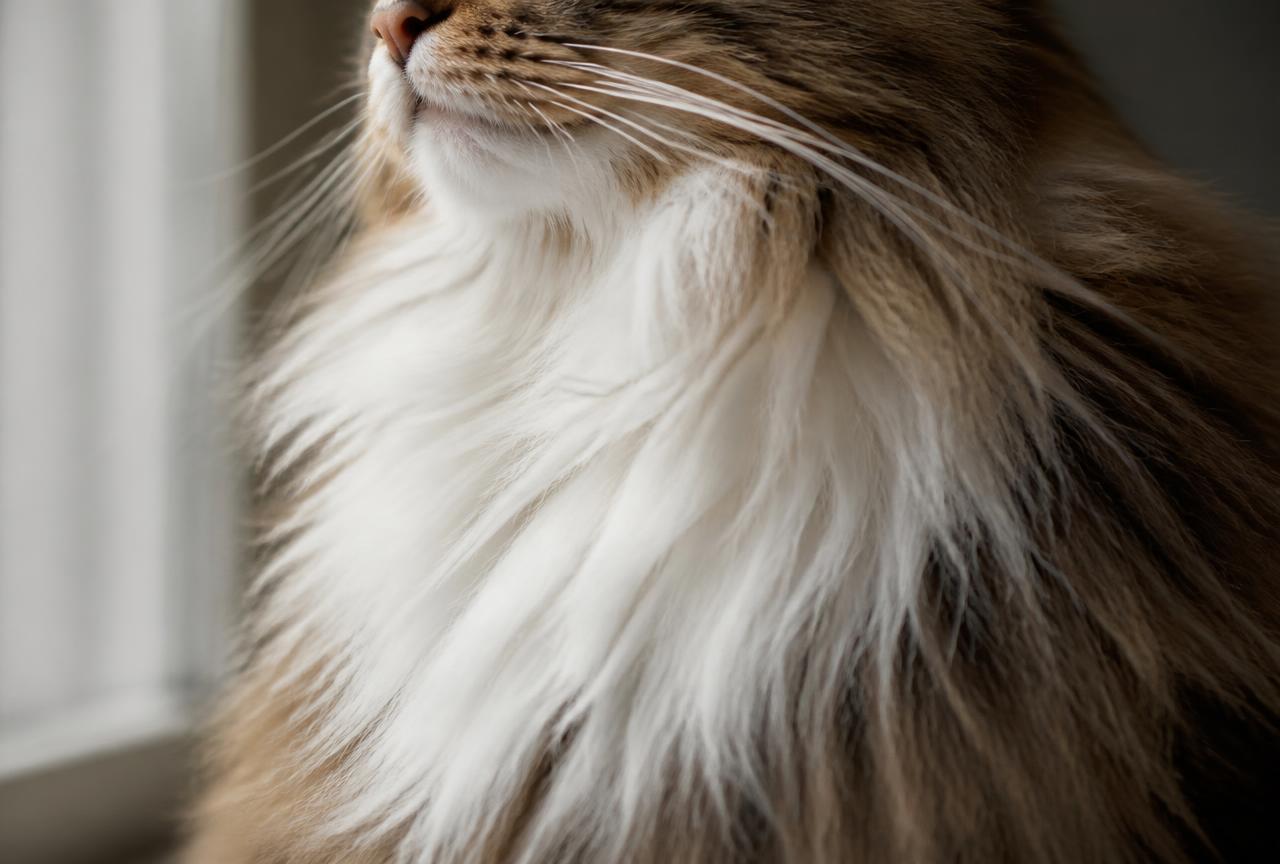 Close-up of a Norwegian Forest cat's dense mane and chest ruff in soft window light