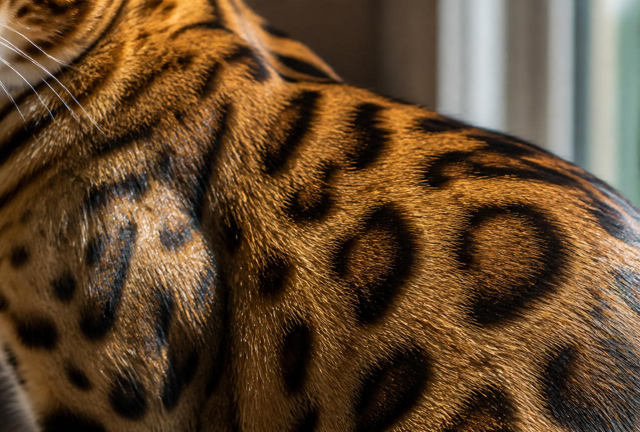 Close-up of a Bengal cat's flank showing dark rosette markings on a golden glittered coat