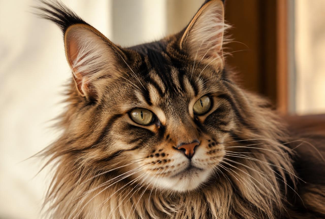 Close-up of a brown tabby Maine Coon's head showing tufted ear tips and a thick neck ruff