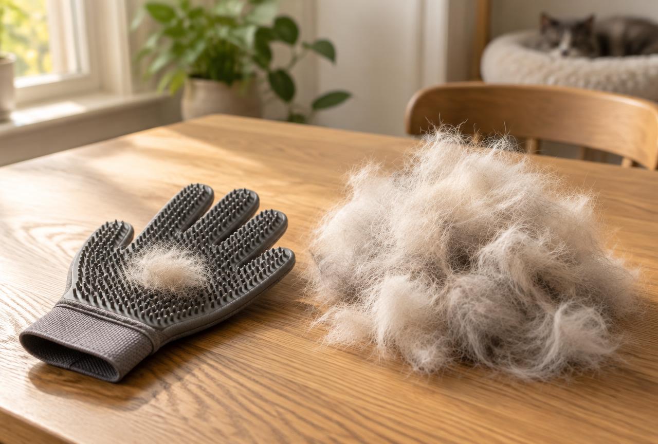 A grey rubber grooming glove holding a small tuft of cat hair beside a large pile of brushed-out pale undercoat on an oak table