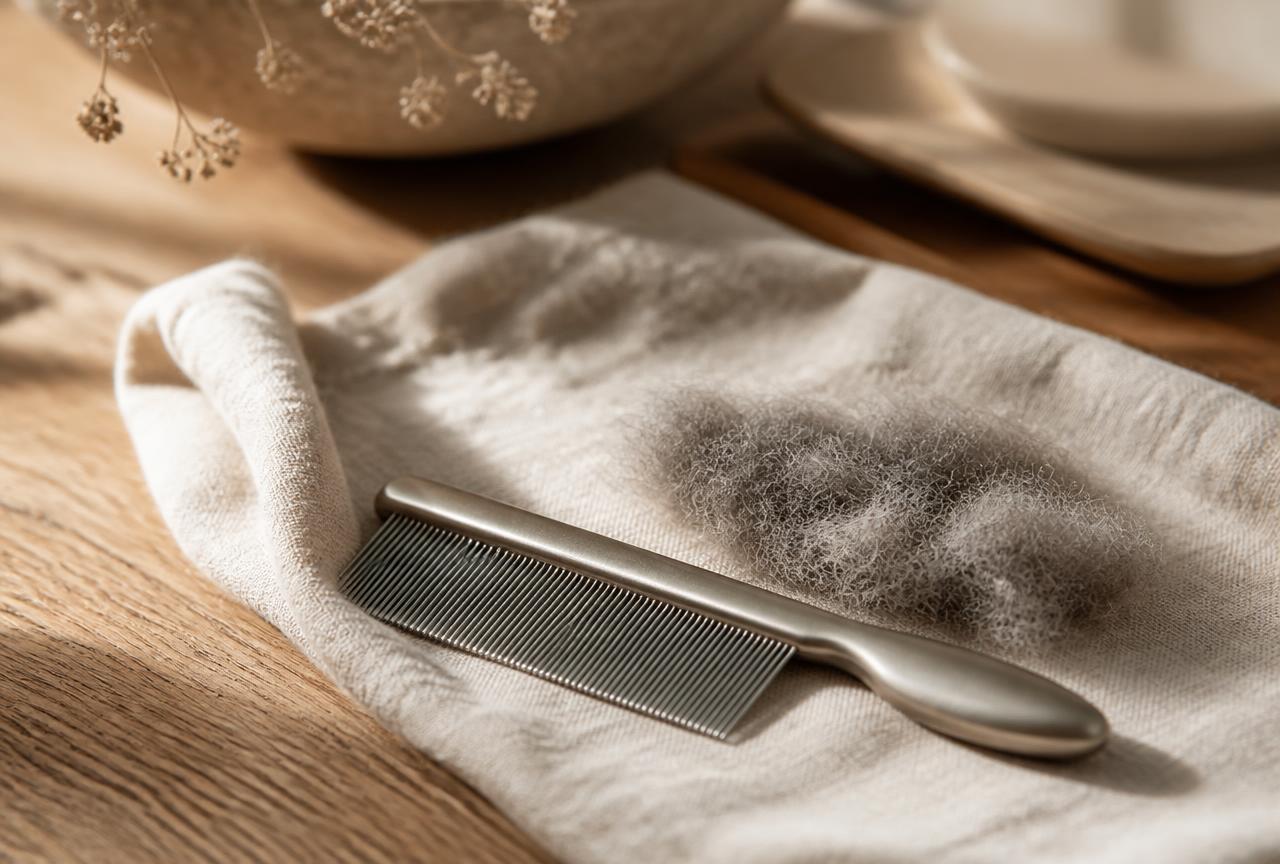A metal fine-toothed cat comb on a cream linen cloth beside a small cloud of collected loose grey fur