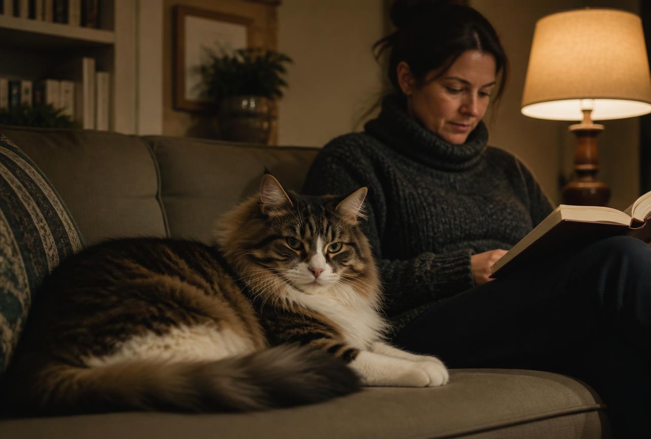 A Norwegian Forest cat resting on a sofa beside a person reading in warm lamplight