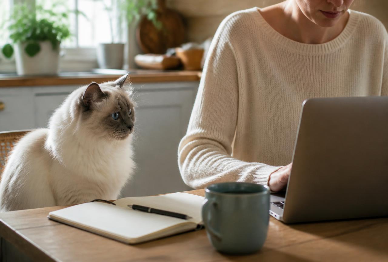 Blue point Birman cat sitting quietly beside a person working at a kitchen table