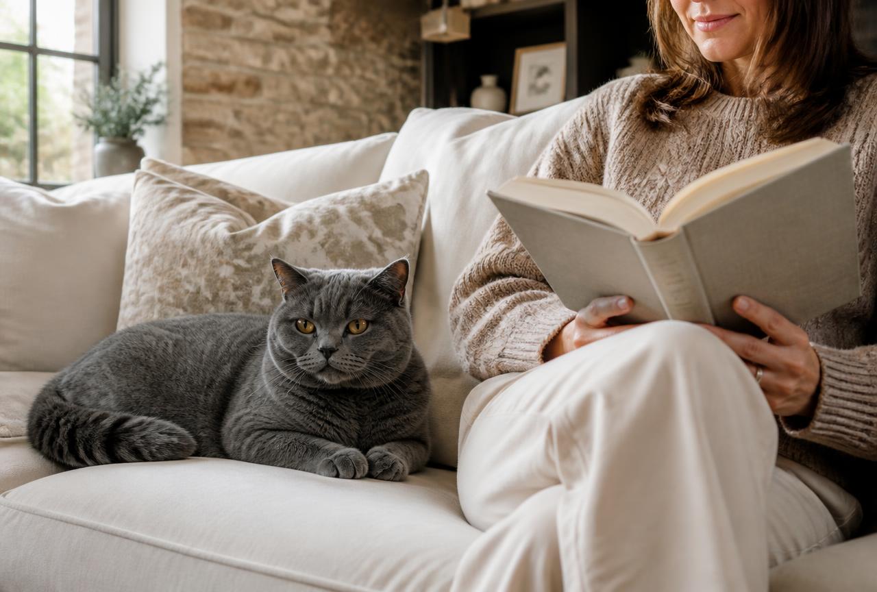 A British Shorthair cat lying beside a person reading on a cream sofa, close but not touching