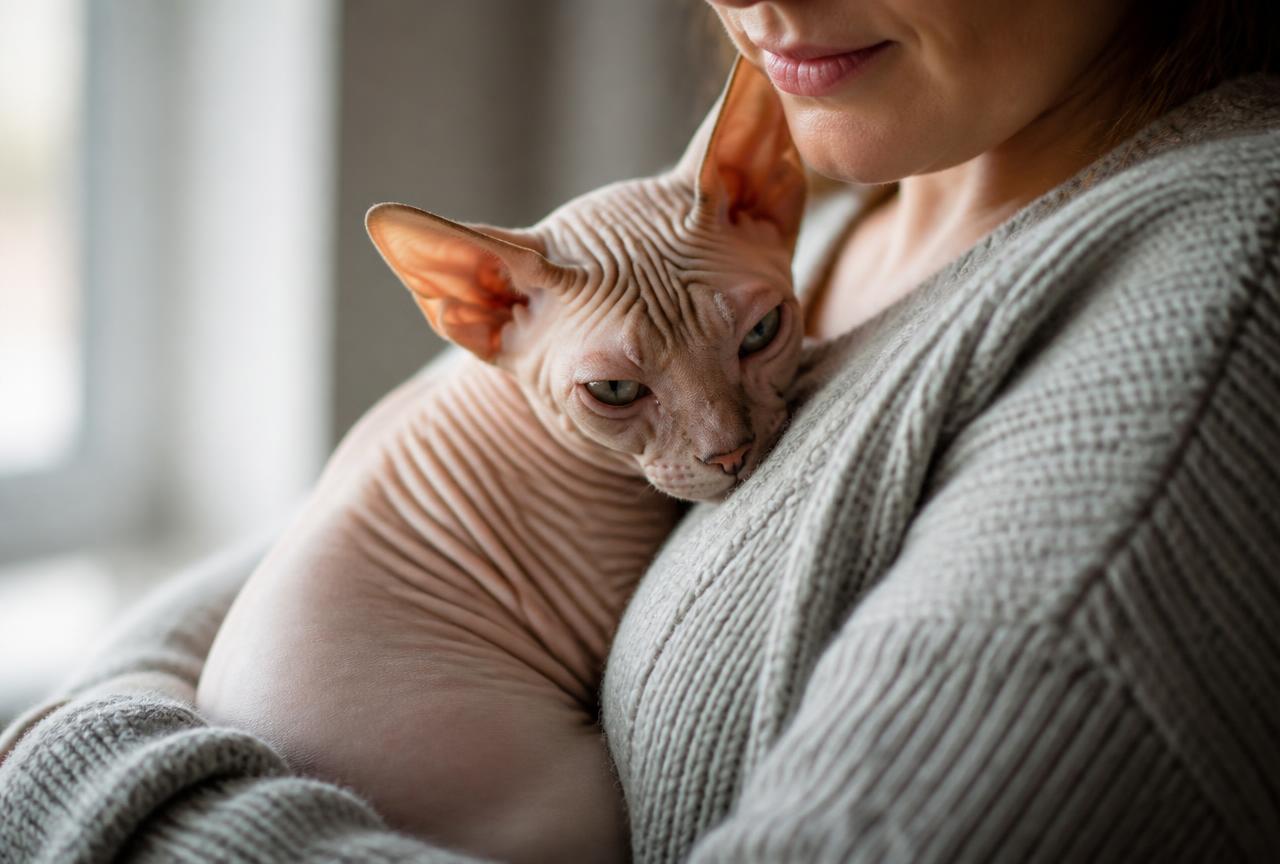 A Sphynx cat pressed against a person's chest and shoulder seeking warmth
