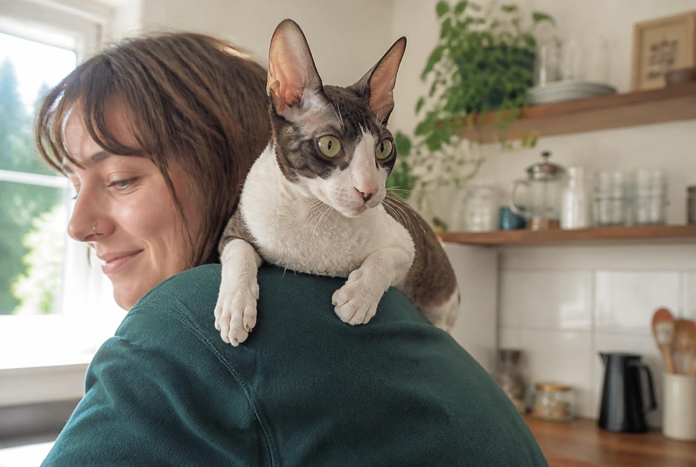 Cornish Rex cat perched on a person's shoulder in a kitchen