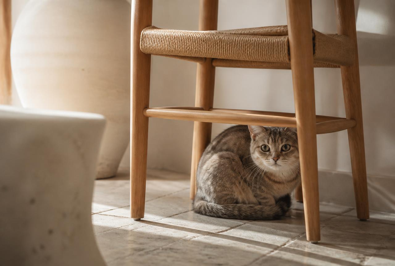 A tabby cat crouched low beneath a wooden chair with its tail wrapped around itself, watching the room