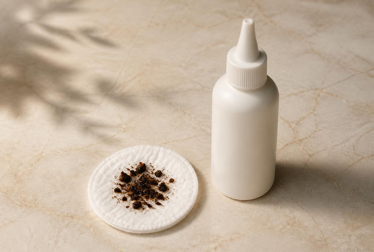 A cotton pad with dark crumbly ear debris beside an unlabelled bottle of ear cleaner
