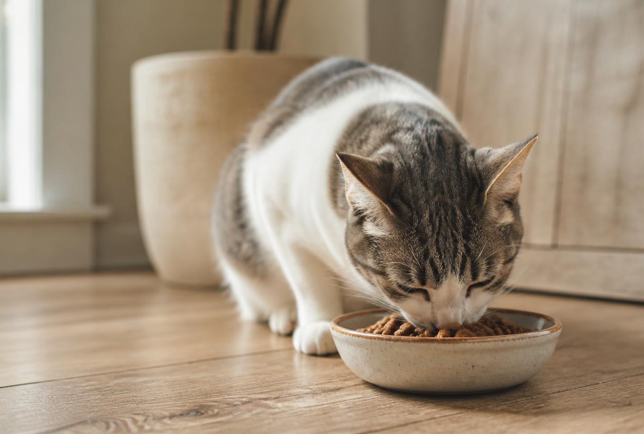 A grey and white cat eating large kibble pieces from a shallow ceramic bowl on an oak floor
