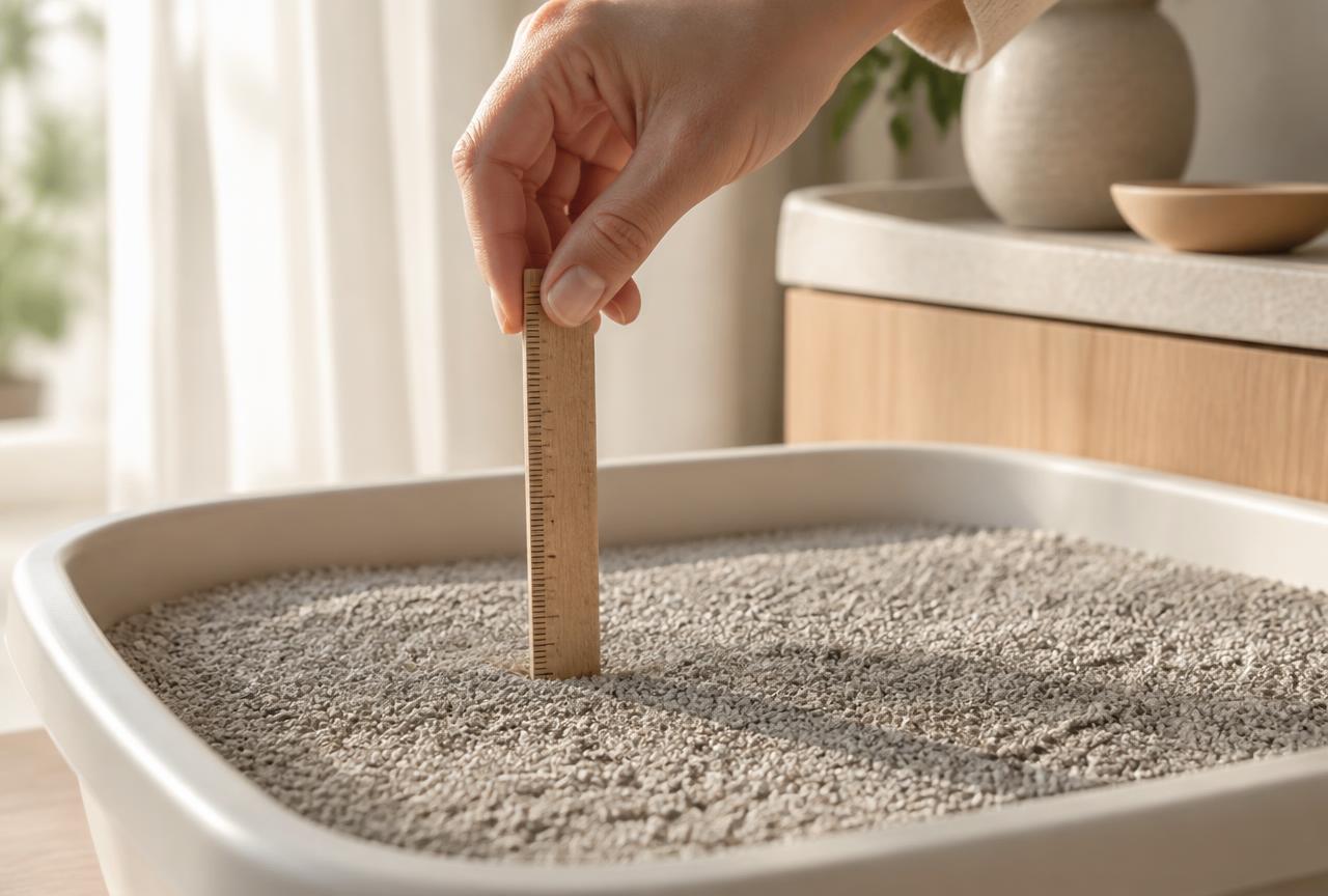 A hand holding a small wooden ruler upright in a tray of fine grey clumping litter
